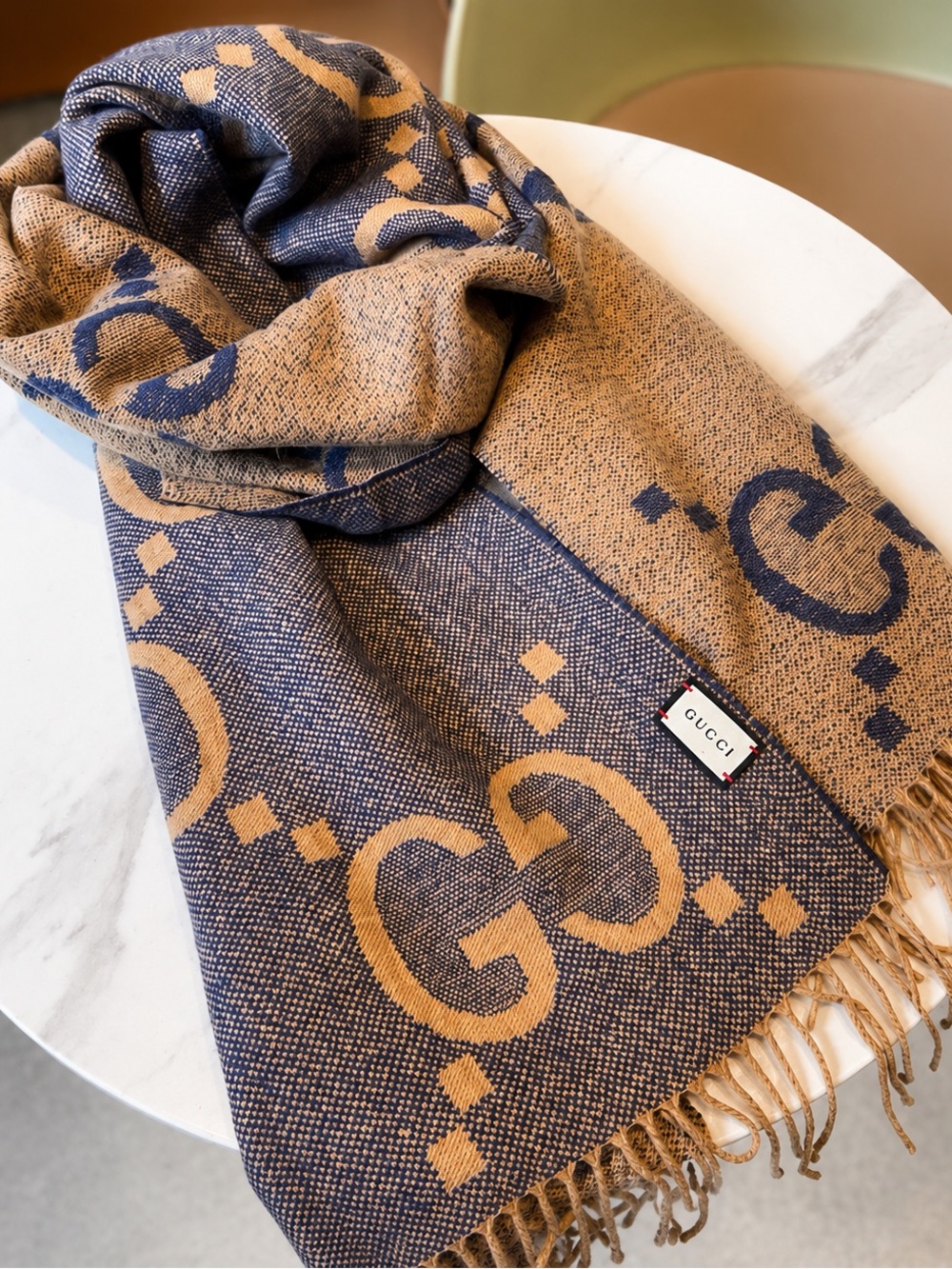Gucci Navy and Tan Logo Jacquard Scarf Wrap